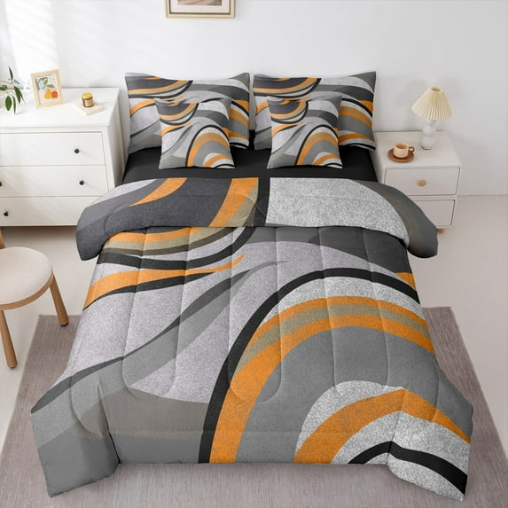 Feelyou Adult Abstract Geometric Twin Bedding Sets 7-Piece, Mid Century Minimalism Bedding Comforter Set, Grey Orange Stripes Reversible Sheet Sets, Microfiber Bedroom Decor