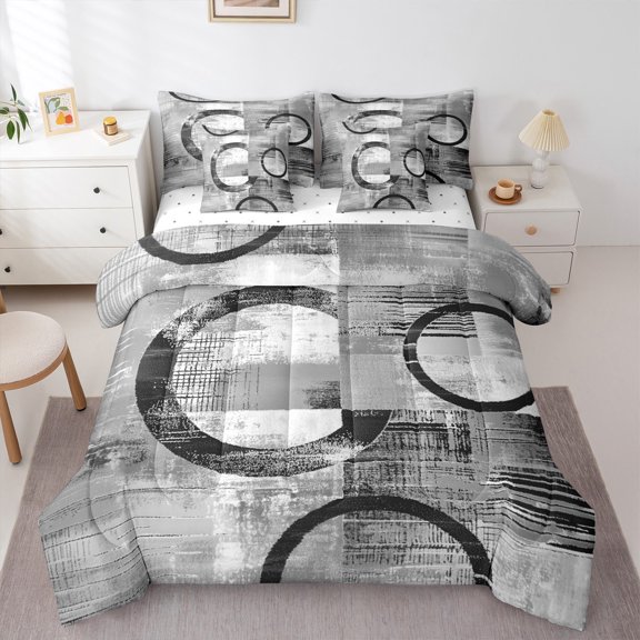 Feelyou Adult Abstract Geometric Twin Bedding Sets 7-Piece, Mid Century Minimalism Bedding Comforter Set, Grey Stripes Circle Reversible Sheet Sets, Luxury Bedroom Decor