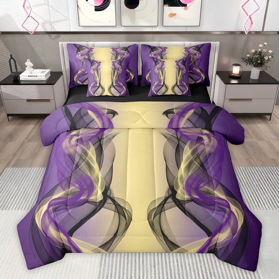 Feelyou Adult Abstract Ombre Bedding Comforter Set 7pcs, Yellow Purple Gradient Stripes King Bedding Sets, Boho Modern Art Reversible Bed Sheets, Microfiber Bedroom Decor