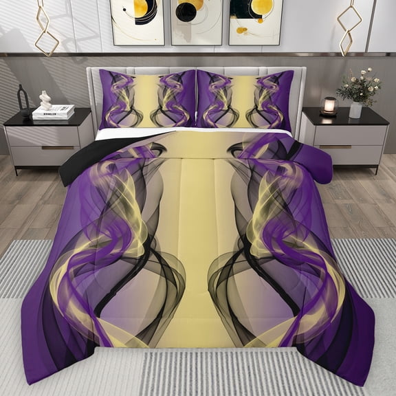 Feelyou Adult Abstract Ombre Queen Comforter Set, Yellow Purple Gradient Stripes Bedding Sets, Boho Modern Art Reversible Bedding Comforter Set, Microfiber Bedroom Decor, 3-Piece