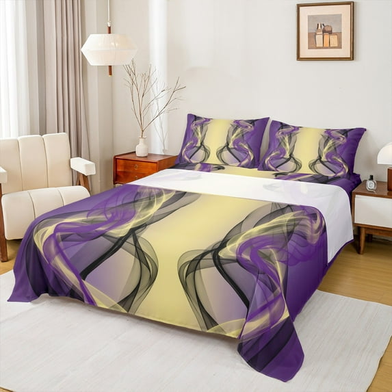 Feelyou Adult Abstract Ombre Twin Sheet Sets, Yellow Purple Gradient Stripes Twin Fitted Sheet, Boho Modern Art Flat Sheet, Microfiber Bedroom Decor, 3-Piece