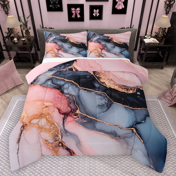 Feelyou Adult Artwork Marble Queen Comforter Set, Abstract Ombre Red Bedding Sets, Fashion Marbling Theme Reversible Bedding Comforter Set, Microfiber Bedroom Decor, 3 Pieces