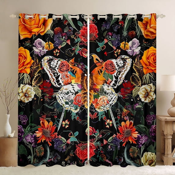 Feelyou Adult Bohemian Butterfly Curtains Pack of 2 (42x84 Each), Western Jungle Floral Curtains Blackout, Rustic Farmhouse Theme Bedroom Curtains, Black Out Curtains Decor