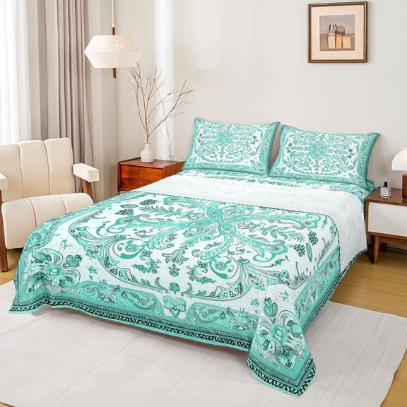 Feelyou Adult Bohemian Damask Bed Sheets, Cyan Flower Floral King Sheets, Tribal Paisley Mandala Sheet Set, Super Cozy Room Decor, 4 Pieces