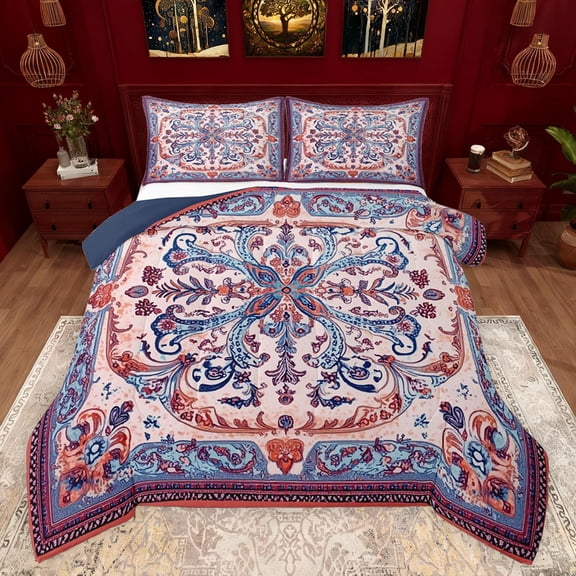 Feelyou Adult Bohemian Damask Bedding Comforter Set, Blue Orange Flower Floral Twin Comforter Sets, Tribal Paisley Mandala Reversible Bedding Set, Super Cozy Room Decor, 2 Pieces