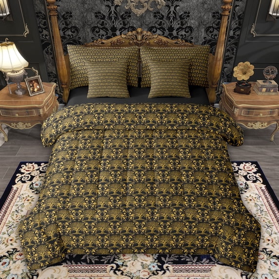 Feelyou Adult Boho Damask Bedding Comforter Set 7 Pieces, Gold Life Tree Full Bedding Set
