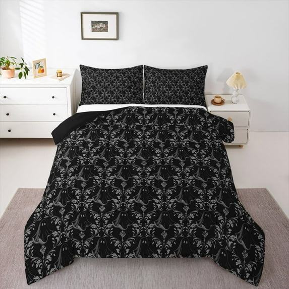 Feelyou Adult Boho Damask Queen Comforter Set, Black Ghost Bedding Comforter Set, 3pcs