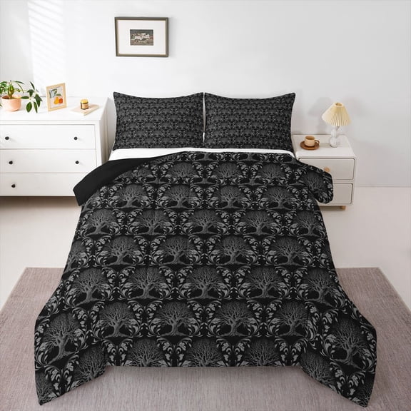 Feelyou Adult Boho Damask Queen Comforter Set, Black Grey Life Tree Bedding Set, 3pcs