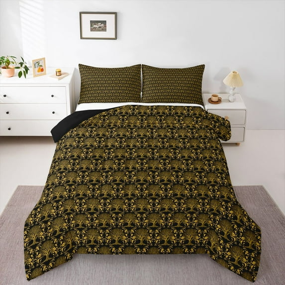 Feelyou Adult Boho Damask Queen Comforter Set, Gold Life Tree Bedding Comforter Set, 3pcs