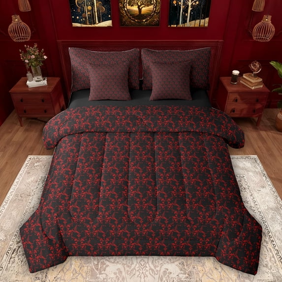 Feelyou Adult Boho Damask Twin Bedding Sets 7-Piece, Black Red Ghost Bedding Comforter Set