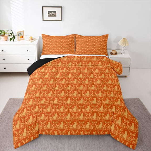 Feelyou Adult Boho Damask Twin Comforter Sets, Orange Cat Kitten Bedding Set, 2-Piece