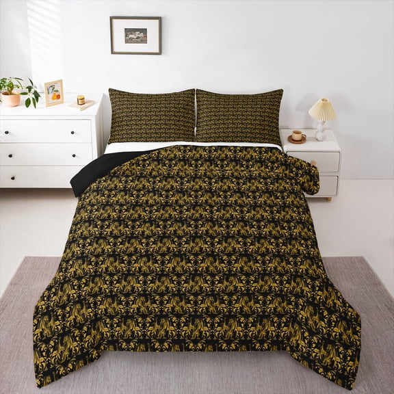 Feelyou Adult Boho Dragon Twin Comforter Sets, Gold Damask Flower Bedding Set, 2 Pieces