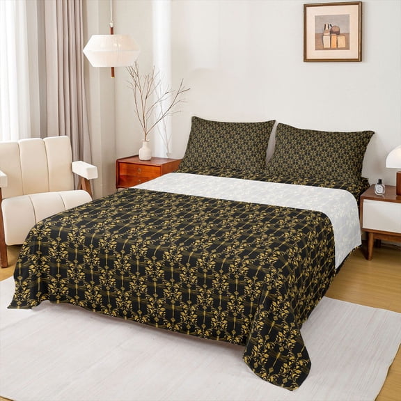 Feelyou Adult Boho Dragonfly Bed Sheets, Retro Damask Flower King Sheets, 4pcs