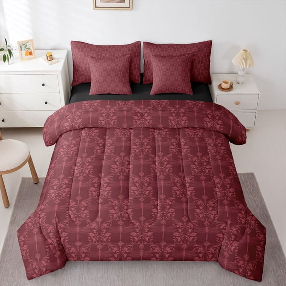 Feelyou Adult Boho Dragonfly Comforter Set 7pcs, Maroon Damask Flower King Bedding Sets