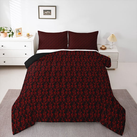 Feelyou Adult Boho Snake Queen Comforter Set, Black Red Damask Flower Bedding Set, 3pcs