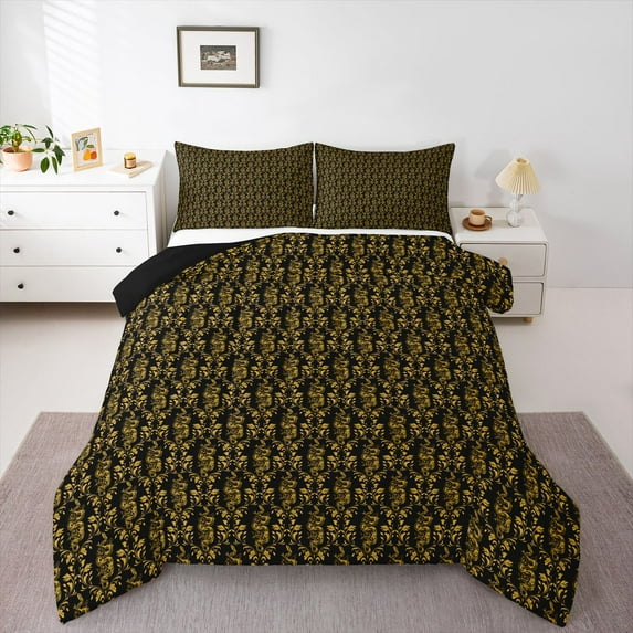 Feelyou Adult Boho Snake Queen Comforter Set, Gold Damask Flower Bedding Set, 3pcs