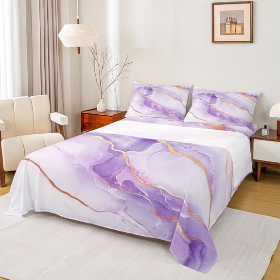 Feelyou Adult Chic Marble Bed Sheets, Abstract Ombre Purple King Sheets, Fashion Marbling Theme Sheet Set, Ultra Soft Bedroom Decor, 4pcs