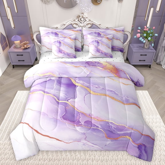 Feelyou Adult Chic Marble Bedding Comforter Set 7pcs, Abstract Ombre Purple King Bedding Sets, Fashion Marbling Theme Reversible Bed Sheets, Ultra Soft Bedroom Decor