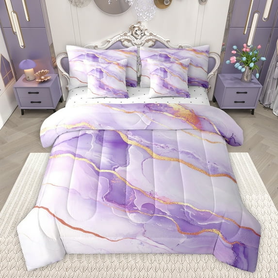 Feelyou Adult Chic Marble Bedding Comforter Set 7pcs, Abstract Ombre Purple Queen Bedding Sets, Fashion Marbling Theme Reversible Queen Sheet Sets, Ultra Soft Bedroom Decor