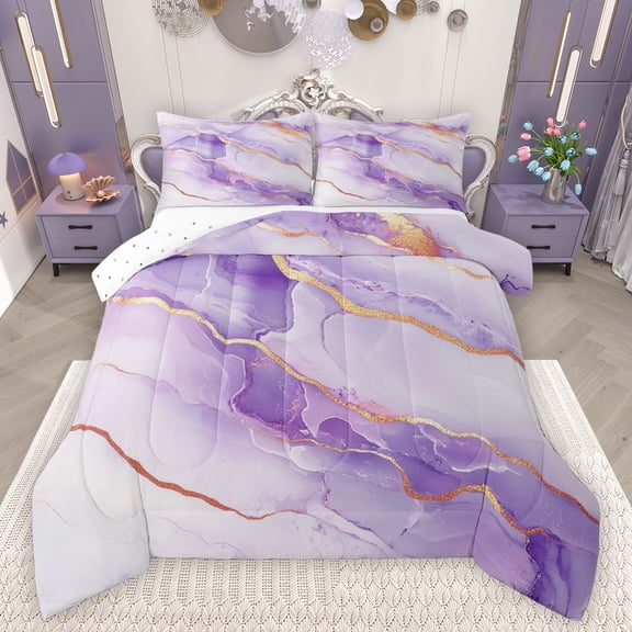 Feelyou Adult Chic Marble Queen Comforter Set, Abstract Ombre Purple Bedding Sets, Fashion Marbling Theme Reversible Bedding Comforter Set, Ultra Soft Bedroom Decor, 3pcs