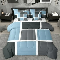 Feelyou Adult Chic Plaid Twin Bedding Sets 7-Piece, Fashion Artwork Buffalo Bedding Comforter Set, Blue Grey Abstract Ombre Reversible Sheet Sets, Breathable Home Decor