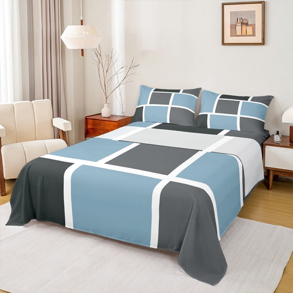 Feelyou Adult Chic Plaid Twin Sheet Sets, Fashion Artwork Buffalo Twin Fitted Sheet, Blue Grey Abstract Ombre Flat Sheet, Breathable Home Decor, 3pcs