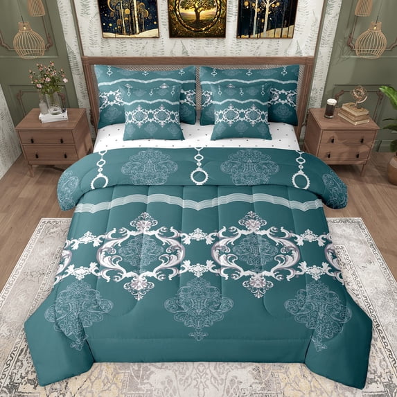 Feelyou Adult Damask Teal Bedding Comforter Set 7pcs, Hippie Farmhouse Boho King Bedding Sets, Tribal Southwestern Reversible Bed Sheets, Luxury Bedroom Decor
