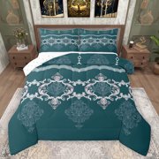 Feelyou Adult Damask Teal Full Size Comforter Sets, Hippie Farmhouse Boho Bedding Comforter Set, Tribal Southwestern Reversible Bedding Sets, Luxury Bedroom Decor, 3pcs