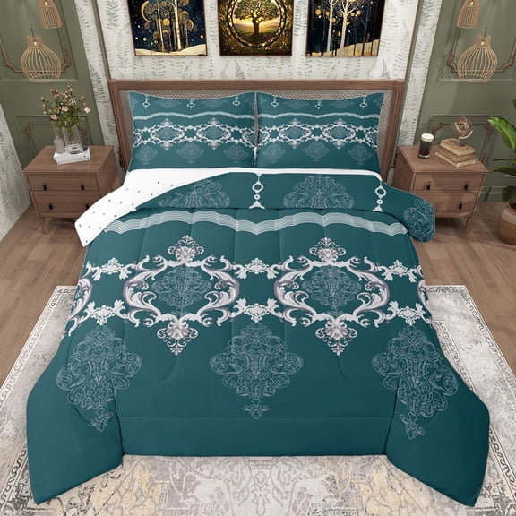 Feelyou Adult Damask Teal Queen Comforter Set, Hippie Farmhouse Boho Bedding Sets, Tribal Southwestern Reversible Bedding Comforter Set, Luxury Bedroom Decor, 3pcs