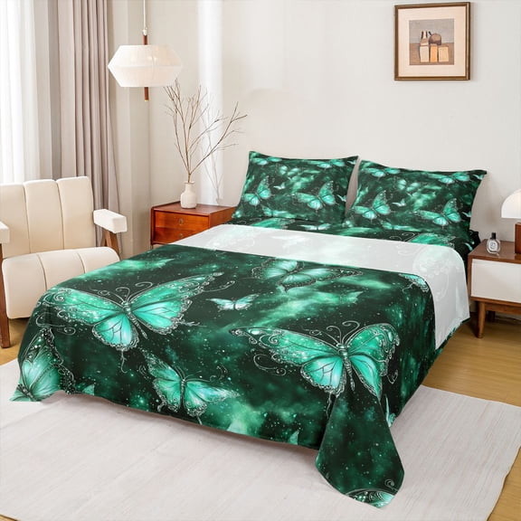 Feelyou Adult Fashion Butterfly Queen Sheet Sets, Romantic Animal Flat Sheet, Mystic Green Galaxy Queen Fitted Sheet, Luxury Bedroom Decor, 4-Piece