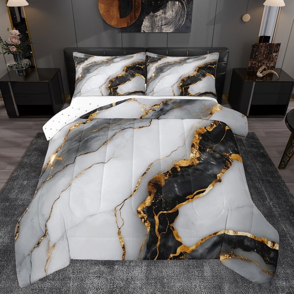 Feelyou Adult Fashion Marbling Queen Comforter Set, Chic Abstract Ombre Bedding Sets, Marble Artwork Grey Gold Reversible Bedding Comforter Set, Microfiber Bedroom Decor, 3 Pieces