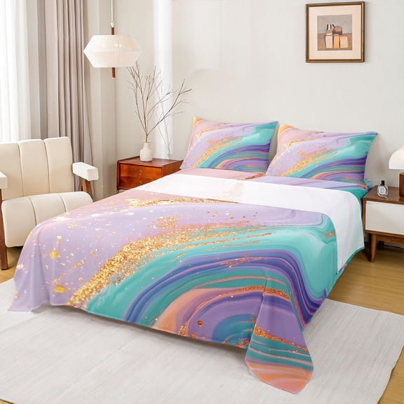 Feelyou Adult Fashion Marbling Queen Sheet Sets, Glitter Abstract Ombre Flat Sheet, Marble Artwork Plum Cyan Queen Fitted Sheet, Breathable Home Decor, 4 Pieces