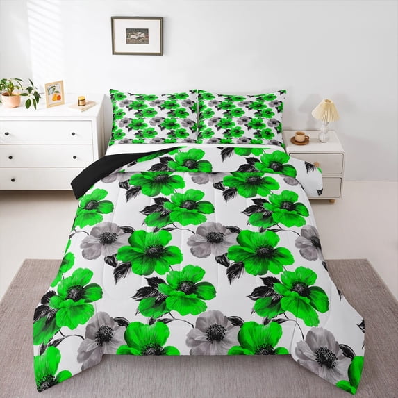 Feelyou Adult Floral Flower Queen Comforter Set, Green Grey Bedding Sets, Old Fashion Reversible Bedding Comforter Set, Lightweight Room Decor, 3-Piece