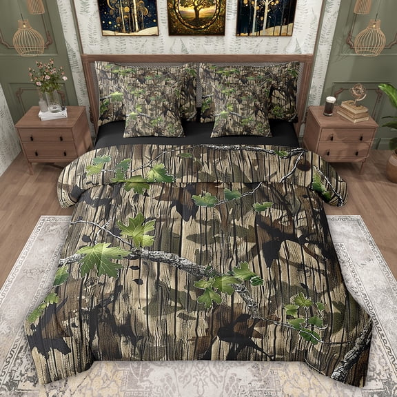 Feelyou Adult Jungle Branches Twin Bedding Sets 7-Piece, Green Leaf Botanical Bedding Comforter Set, Rustic Farmhouse Theme Reversible Sheet Sets, Luxury Bedroom Decor