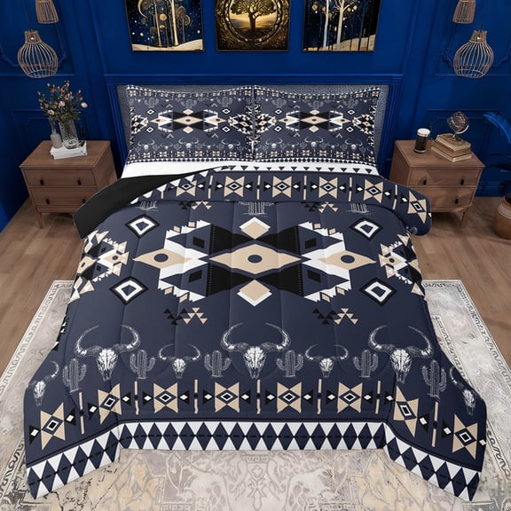 Feelyou Adult Mandala Aztec Bedding Comforter Set, Western Skeleton Cactus Twin Comforter Sets, Blue Triangle Abstract Reversible Bedding Set, Ultra Soft Bedroom Decor, 2pcs