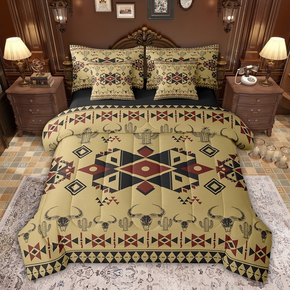 Feelyou Adult Mandala Aztec Twin Bedding Sets 7-Piece, Western Skeleton Cactus Bedding Comforter Set, Green Brown Triangle Abstract Reversible Sheet Sets, Luxury Bedroom Decor