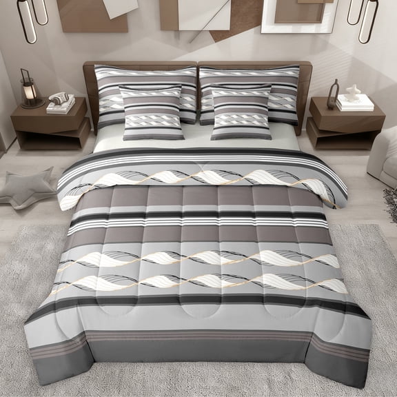 Feelyou Adult Minimalst Bedding Comforter Set 7 Pieces, Grey Stripes Abstract Full Bedding Set, Modern Fashion Theme Reversible Fitted Sheet Flat Sheet, Breathable Home Decor