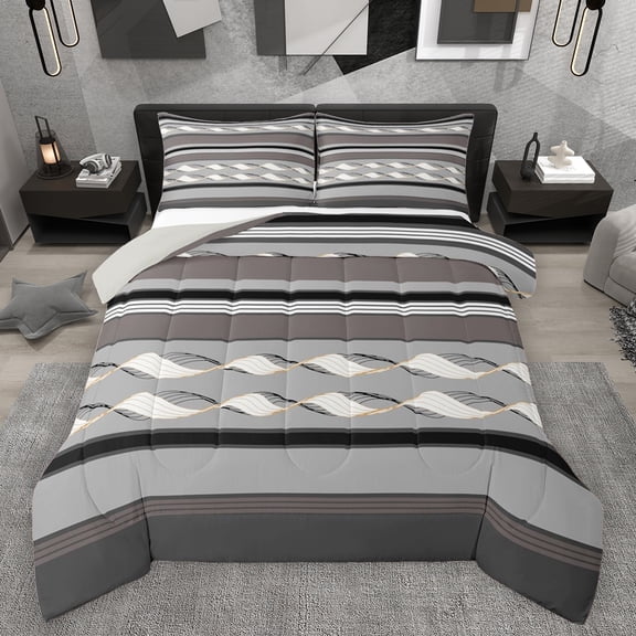 Feelyou Adult Minimalst Bedding Comforter Set, Grey Stripes Abstract Twin Comforter Sets, Modern Fashion Theme Reversible Bedding Set, Breathable Home Decor, 2-Piece