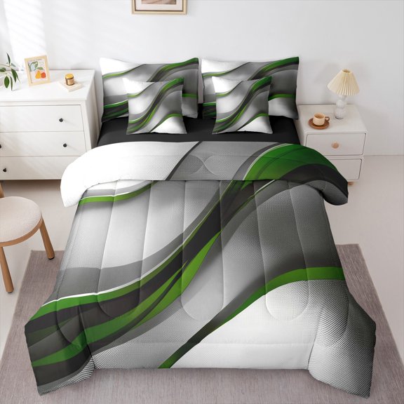 Feelyou Adult Modern Fashion Bedding Comforter Set 7 Pieces, Green Abstract Geometric Full Bedding Set, Stripes Ombre Reversible Fitted Sheet Flat Sheet, Breathable Home Decor