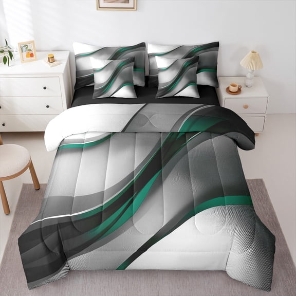 Feelyou Adult Modern Fashion Bedding Comforter Set 7pcs, Teal Abstract Geometric Queen Bedding Sets, Stripes Ombre Reversible Queen Sheet Sets, Ultra Soft Home Decor