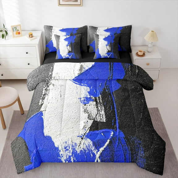 Feelyou Adult Modern Stripes Bedding Comforter Set 7pcs, Black Blue Geometric Queen Bedding Sets, Abstract Stripe Ombre Reversible Queen Sheet Sets, Lightweight Room Decor