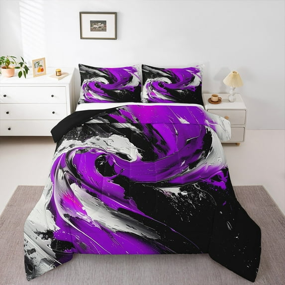 Feelyou Adult Modern Stripes Bedding Comforter Set, Black Purple Geometric Twin Comforter Sets, Abstract Stripe Ombre Reversible Bedding Set, Super Cozy Room Decor, 2-Piece