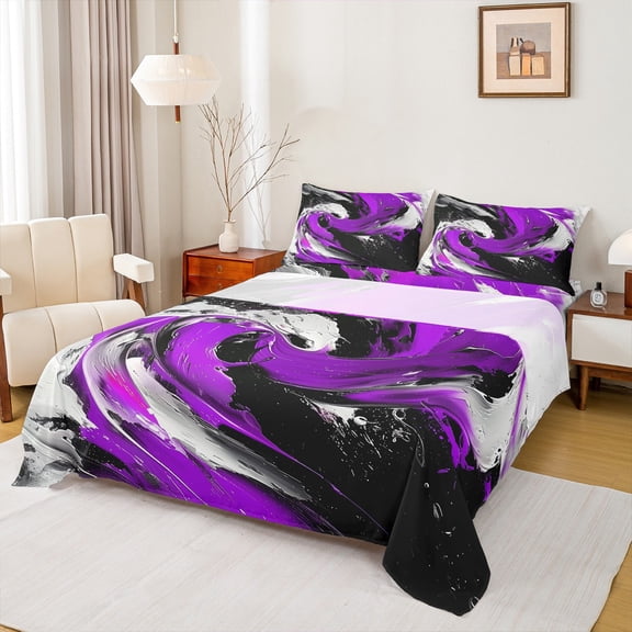 Feelyou Adult Modern Stripes Queen Sheet Sets, Black Purple Geometric Flat Sheet, Abstract Stripe Ombre Queen Fitted Sheet, Super Cozy Room Decor, 4-Piece