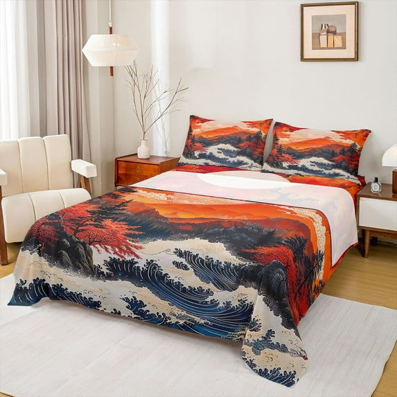 Feelyou Adult Ocean Waves Queen Sheet Sets, Mountain Fuji Orange Bed Set, 4 Pieces