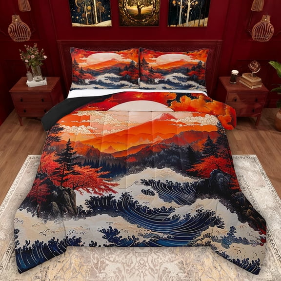 Feelyou Adult Ocean Waves Twin Comforter Sets, Mountain Fuji Orange Bedding Set, 2 Pieces