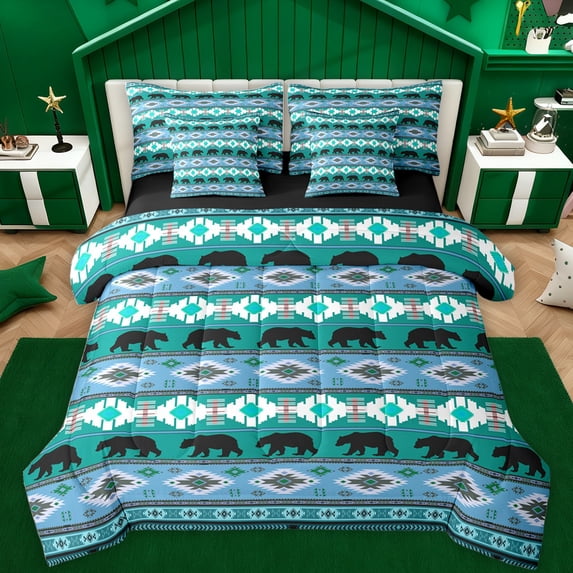 Feelyou Adult Triangle Aztec Bedding Comforter Set 7pcs, Rustic Farmhouse Bear Queen Bedding Sets, Vintage Turquoise Bohemian Reversible Queen Sheet Sets, Microfiber Bedroom Decor