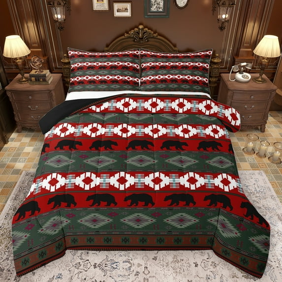 Feelyou Adult Triangle Aztec Bedding Comforter Set, Rustic Farmhouse Bear Twin Comforter Sets, Red Green Bohemian Reversible Bedding Set, Lightweight Room Decor, 2pcs