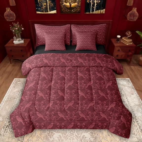 Feelyou Adult Western Damask Comforter Set 7pcs, Maroon Crow Animal Full Bedding Set
