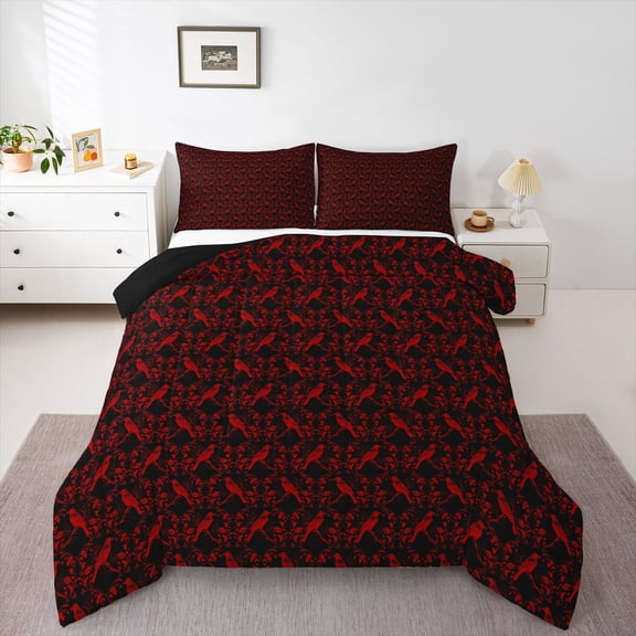 Feelyou Adult Western Damask Queen Comforter Set, Black Red Crow Animal Bedding Set, 3pcs
