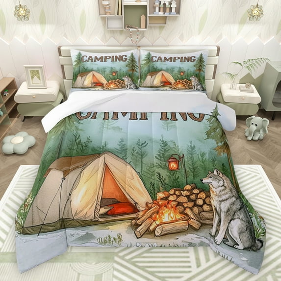Feelyou Adventure Camping Child Bedding Comforter Set, Cartoon Wildlife Wolf Twin Comforter Sets, Rustic Farmhouse Bedding Set, Lightweight Room Decor, 2-Piece